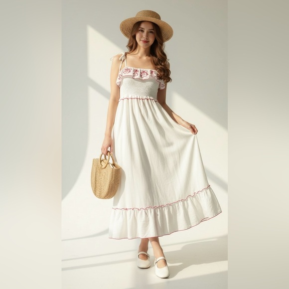 Coquette Midi Dress Medium Cherry Embroidery Romantic - Picture 17 of 17